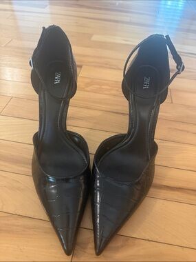 Zara Black Croc-Effect Pointed Ankle-Strap Heels